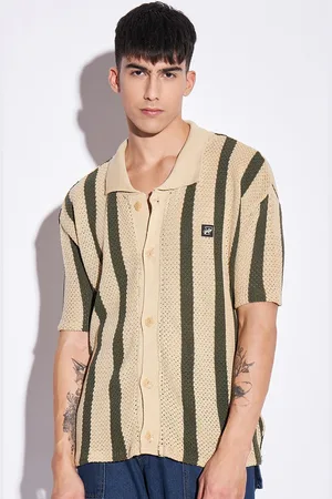 FUGAZEE Men Beige Relaxed Boxy Semi Sheer Self Design Casual Knitted Crochet Shirt