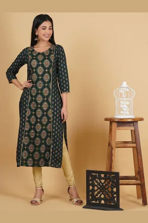 God Bless Women Green Ethnic Motifs Printed Keyhole Neck Flared Sleeves Kurta