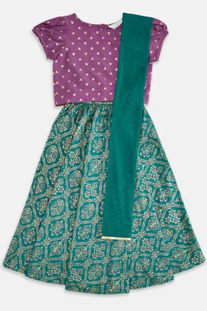 Pantaloons Girls Teal & Violet Printed Ready to Wear Lehenga & Blouse With Dupatta