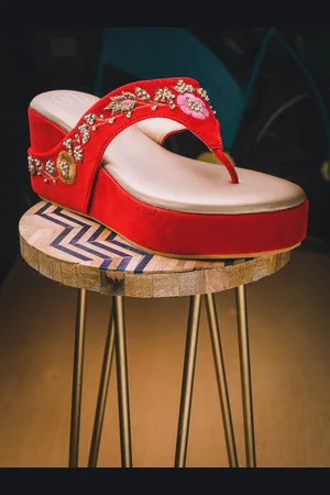 Nidhi Rathi Women Red Velvet Ethnic Wedge Sandals