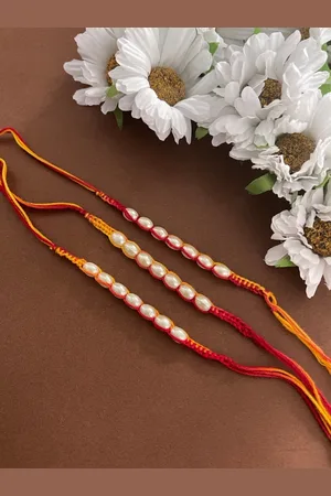 Digital Dress Room Men Set Of 3 White Pearl With Red & Yellow Mauli Thread Rakhi