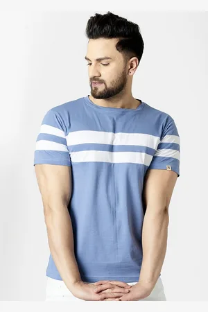 Rodzen Men Blue Striped Round Neck T-shirt