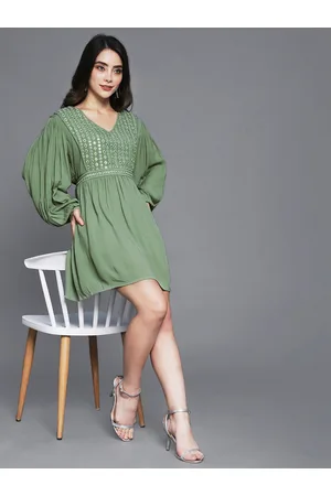 Ishin Green Women Crepe A-Line Mini Dress