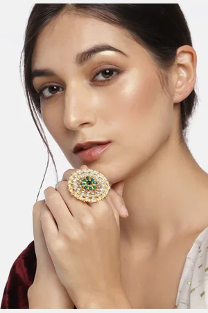 I Jewels Gold-Plated White & Green Kundan-Studded Pearl Finger Ring