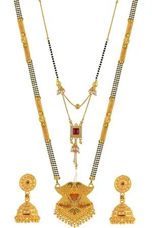 Brandsoon Set Of 2 Gold-Plated & Black Beaded Mangalsutra With Earing