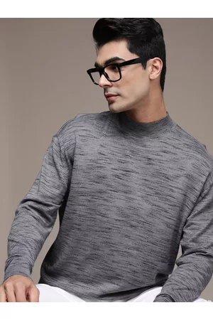 Calvin Klein Men Grey Self Design Speckled SUPERIOR WOOL SPACE DYE Sweater