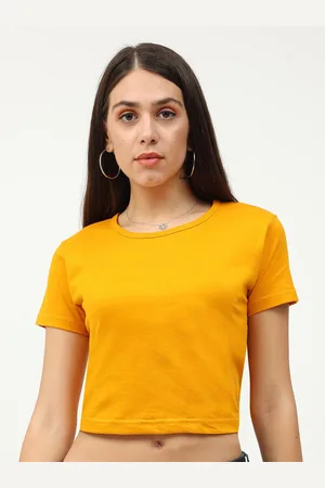 Fleximaa Women Mustard Yellow Solid Pure Cotton Crop Top