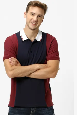 Celio Men Maroon Colourblocked Polo Collar Pure Cotton T-shirt
