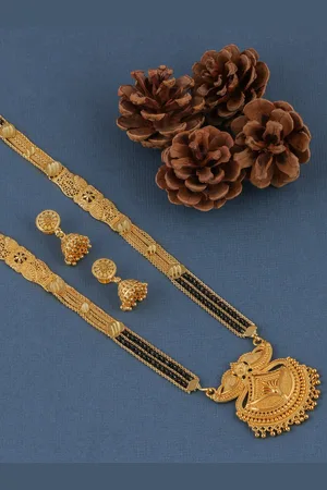 Brandsoon Gold-Plated Black Beaded Mangalsutra With Earrings
