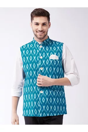Vastramay Men Turquoise Blue & White Ikkat Printed Cotton Slim-Fit Woven Nehru Jacket