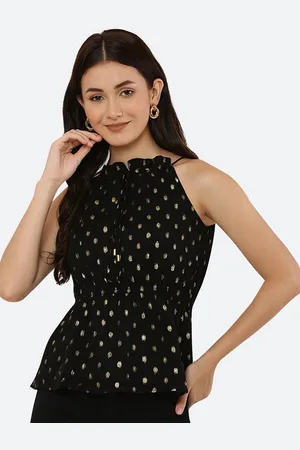 RAASSIO Black & Gold-Toned Printed Halter Neck Georgette Cinched Waist Top