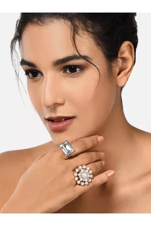 Ami Set Of 2 Gold-Plated White Stone-Studded Pearl Beaded Adjustable Finger Rings