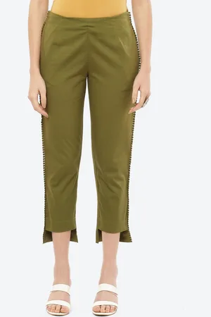 Rangriti Women Olive Green Solid Slim Fit Trousers