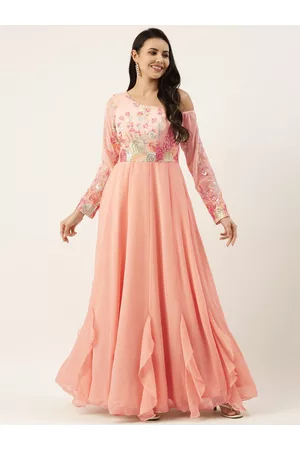 Ethnovog Peach-Coloured Floral Embroidered Off-Shoulder Georgette Maxi Dress
