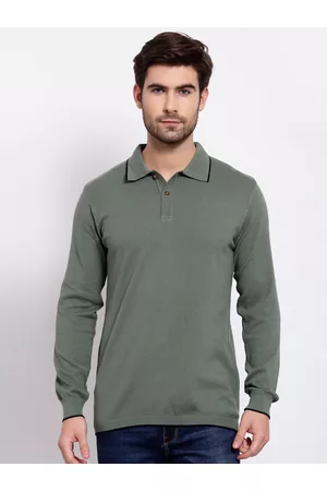 Kalt Men Olive Green Polo Collar Cotton T-shirt