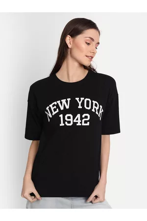 iki chic Women Black Typography Printed Oversized T-shirt