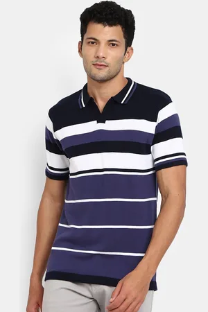 V-Mart Men Blue Striped Polo Collar Slim Fit T-shirt
