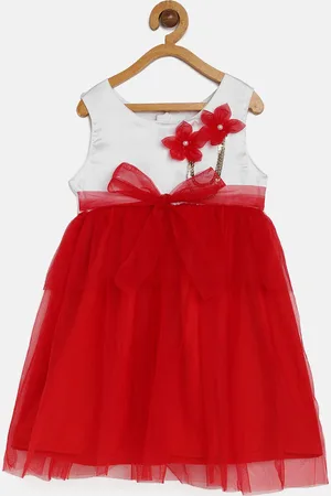 MANY FROCKS & Girls White And Red Embellished Fit and Flare Dress