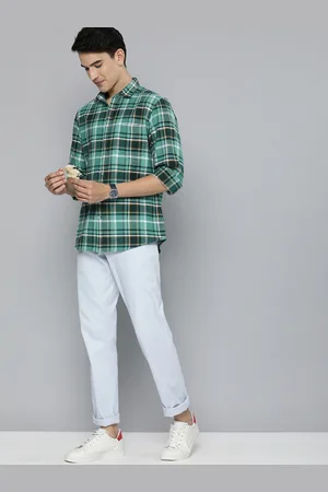 Mast & Harbour Men Green & White Slim Fit Checked Cotton Linen Casual Shirt