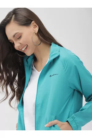 Mast & Harbour Women Turquoise Blue Self Design Lightweight Bomber Jacket