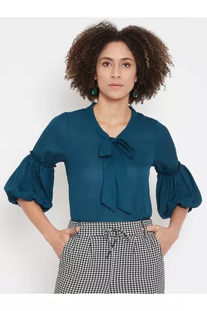 La Zoire Women Teal Tie-Up Neck Georgette Top