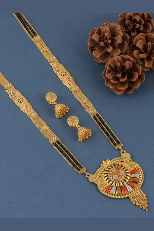 Brandsoon Women Gold-Plated Black Beaded Mangalsutra With Earrings