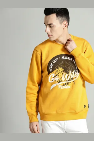 Roadster The Lifestyle Co Men Mustard Yellow & Charcoal Grey Printed Sweatshirt