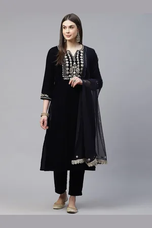 Divena World Women Navy Blue Yoke Design Velvet Kurta with Trousers & Dupatta