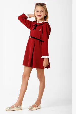 KATE & OSCAR Girls Maroon Tie-Up Neck Crepe Mini Dress