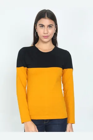 Fleximaa Women Black & Mustard Yellow Colourblocked T-shirt