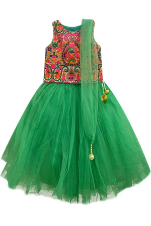 A.T.U.N. Girls Green & Pink Embroidered Ready to Wear Lehenga & Blouse With Dupatta