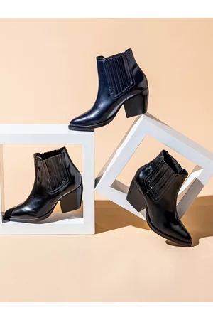 SAINT G. Women Blue Solid Mid-Top Shiny Patent Leather Chelsea Boots