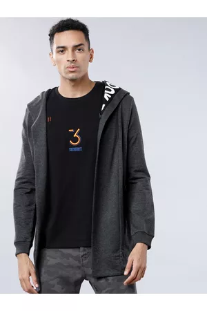 LocoMotive Men Grey Solid Hooded Sweatshirt