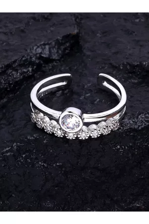 karatcart Silver-Plated White Stone-Studded Adjustable Finger Ring
