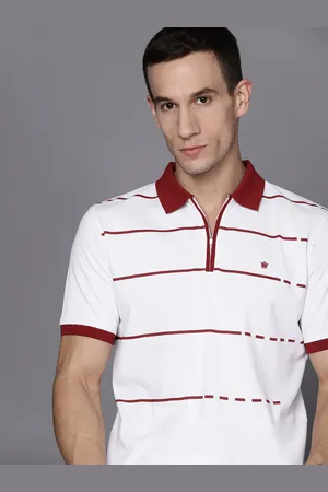 Louis Philippe Men White & Maroon Striped Polo Collar T-shirt