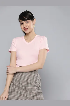 HERE&NOW Women Pink Solid Pure Cotton T-shirt