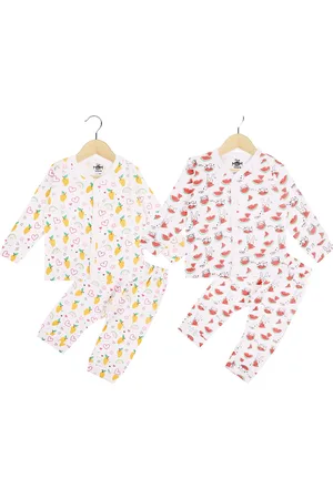 The Mom Store Infants Pack of 2 White Printed Pure Cotton Jhabla with Trousers