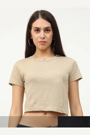Fleximaa Women Pack of 2 Beige & Black Solid Round Neck Crop Pure Cotton Top