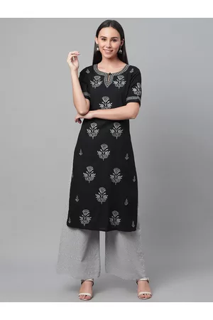 akheri Women Black & Grey Chikankari Embroidered Handloom Straight Kurta