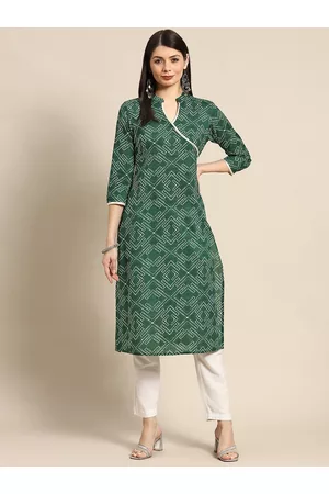 anayna Women Green & White Bandhani Printed Pure Cotton Gotta Patti Kurta