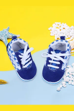 Baby Moo Infant Blue Checkered Anti-Slip Cotton Booties