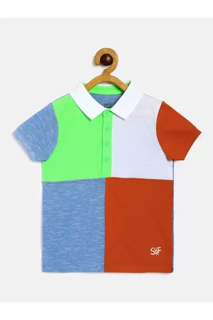 MINI KLUB Boys Green & Red Colourblocked Polo Collar Organic Cotton T-shirt
