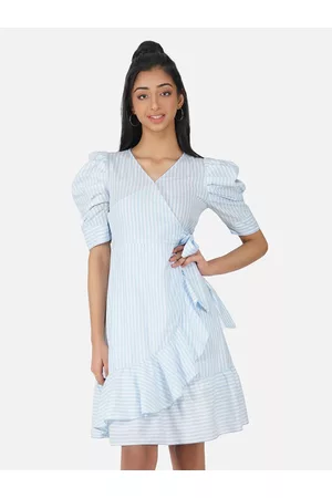 Antheaa Girls Blue & White Striped Cotton Wrap Dress
