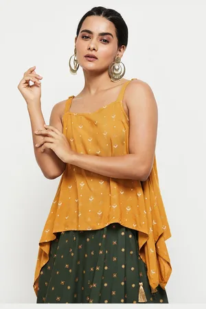 Max Collection Women Mustard Yellow Shoulder Straps Print Top