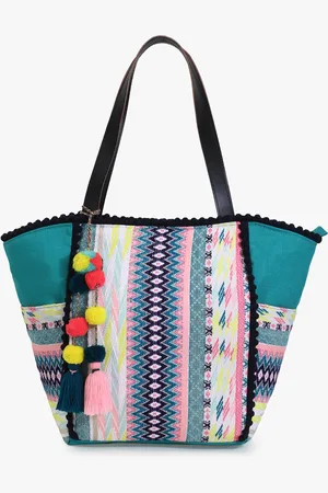 Anekaant Sea Green Oversized Shopper Tote Bag with Tasselled