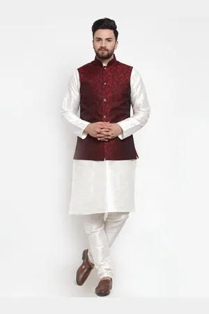 Jompers Men Maroon & White Solid Kurta with Churidar & Nehru Jacket