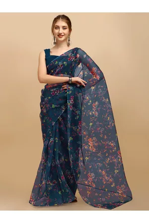 Sangria Women Teal Floral Printed Organza Saree with Blouse Piece