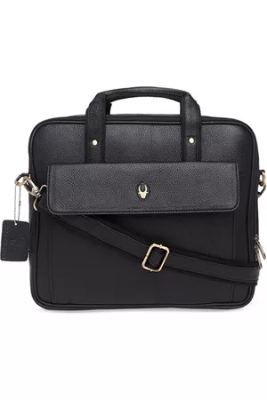 WildHorn Men Black Textured Genuine Leather 16 Inch Laptop Bag