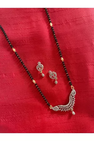 Digital Dress Room Gold-Plated & White AD-Studded & Beaded Long Mangalsutra With Earrings