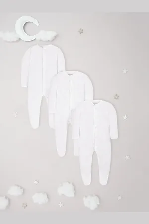 Mothercare Infants Unisex Pack Of 3 White Solid V-Neck Regular Sleeves Sleepsuits